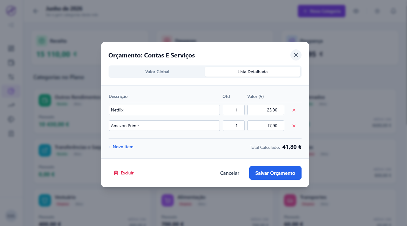 Orçamento com barras de progresso por categoria