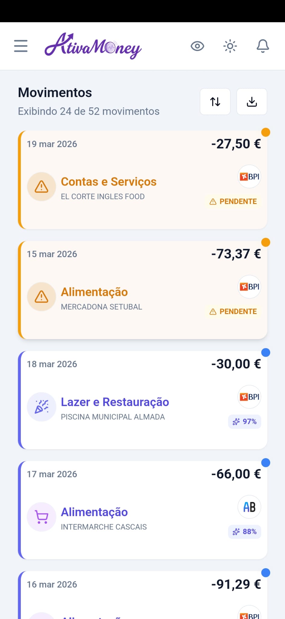 Movimentos no telemóvel