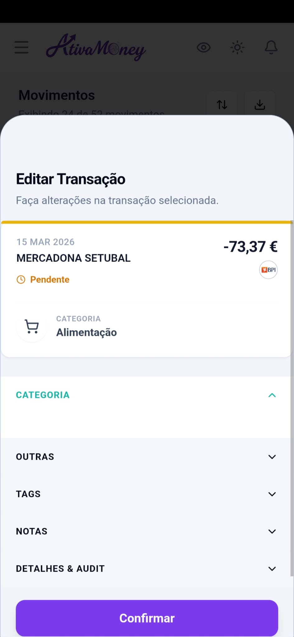 Editar transação no telemóvel