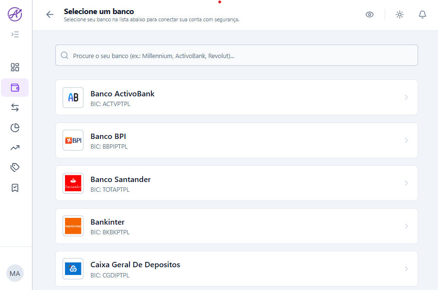 Seleção de banco via Open Banking PSD2
