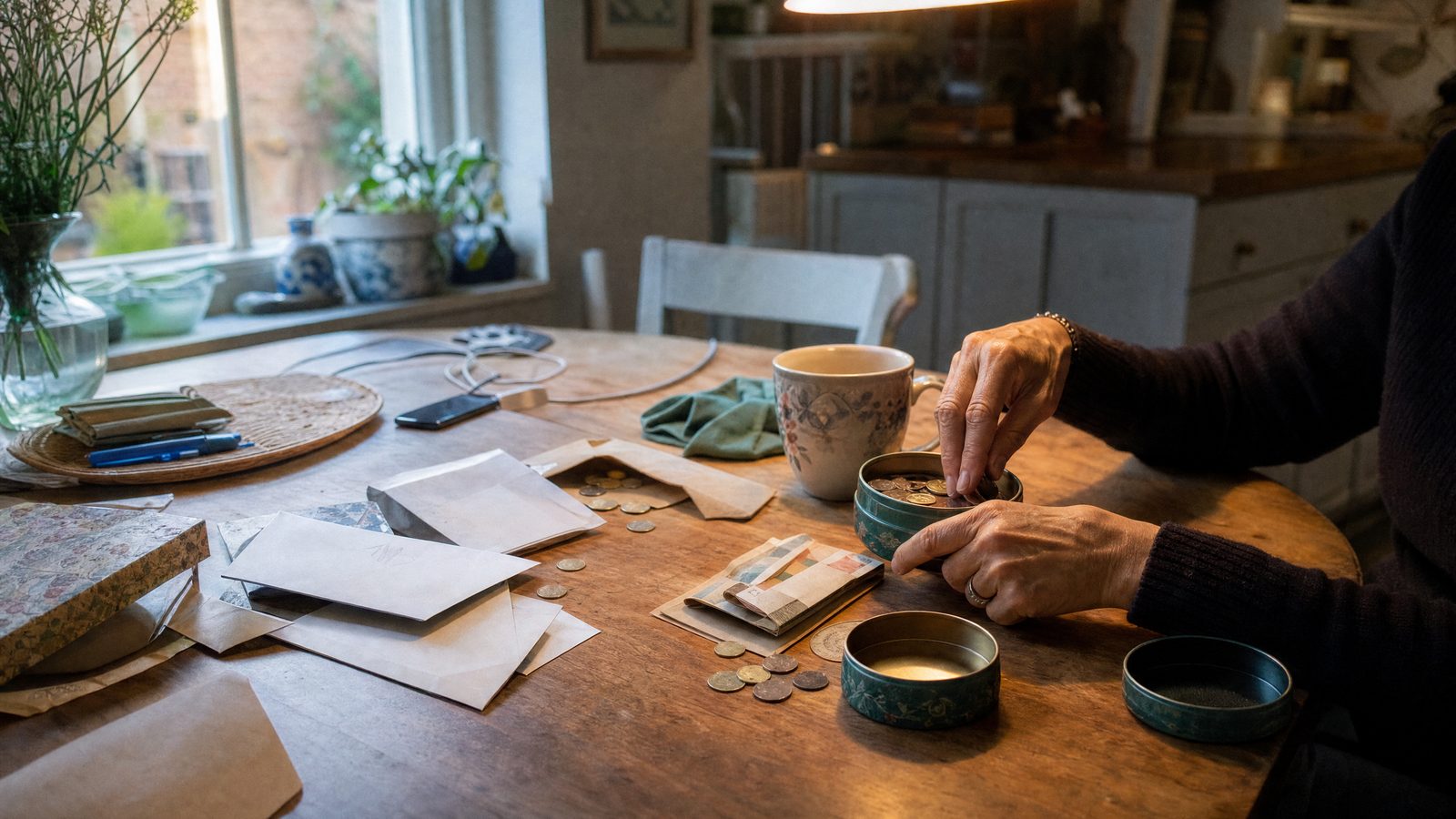 Mãos a organizar moedas e notas em pequenas latas e envelopes de papel sobre uma mesa de cozinha iluminada pela manhã.