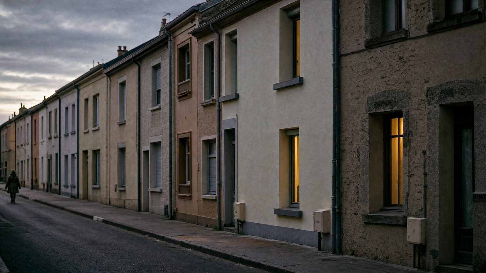 Rua residencial europeia ao final da tarde, com caixas de contador de gás nas fachadas das casas