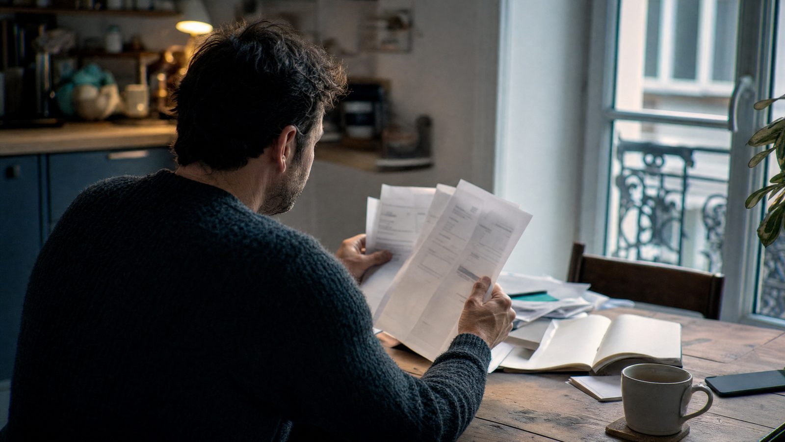 Homem sentado à mesa da cozinha, à tarde, a rever faturas domésticas em papel junto a um caderno e um café.