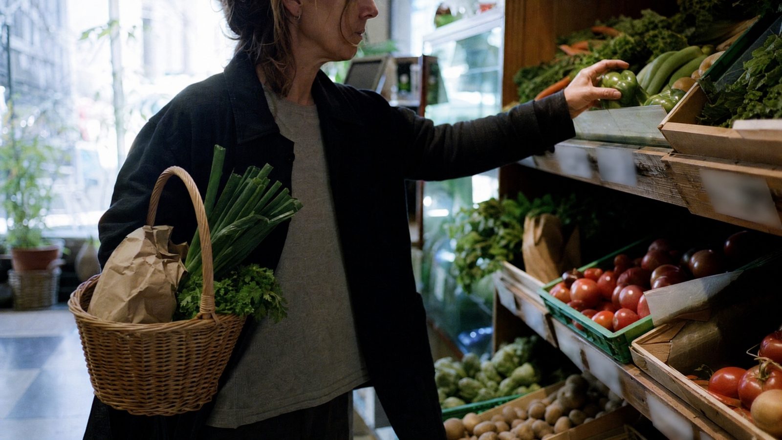 Mulher a fazer compras numa mercearia de bairro, de manhã, a escolher produtos frescos com um cabaz de vime.