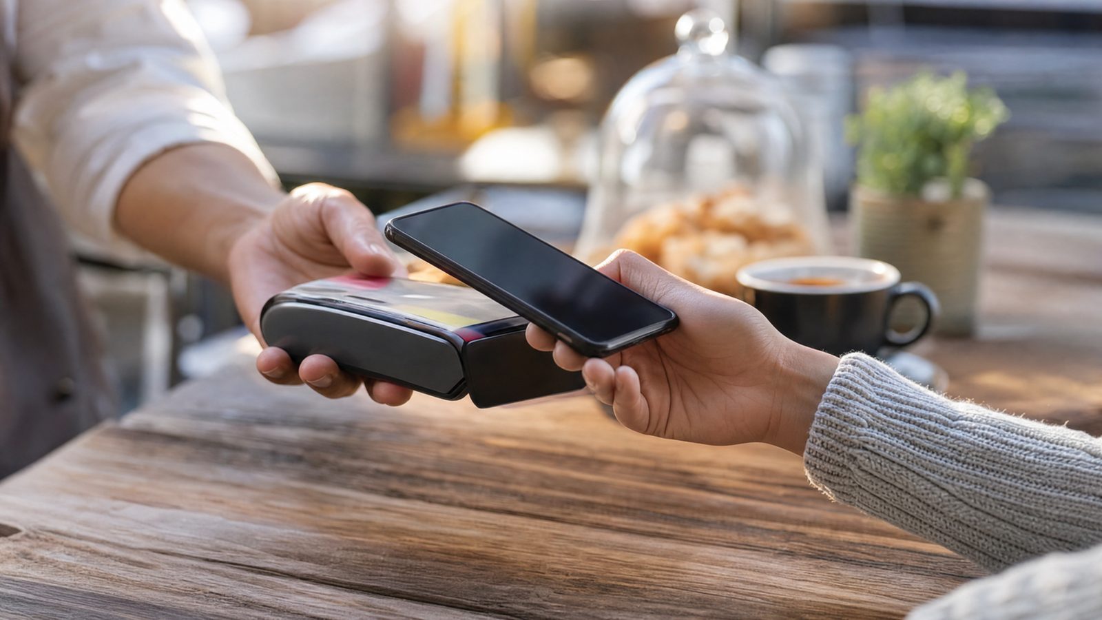 Pagamento por aproximação com smartphone num café moderno