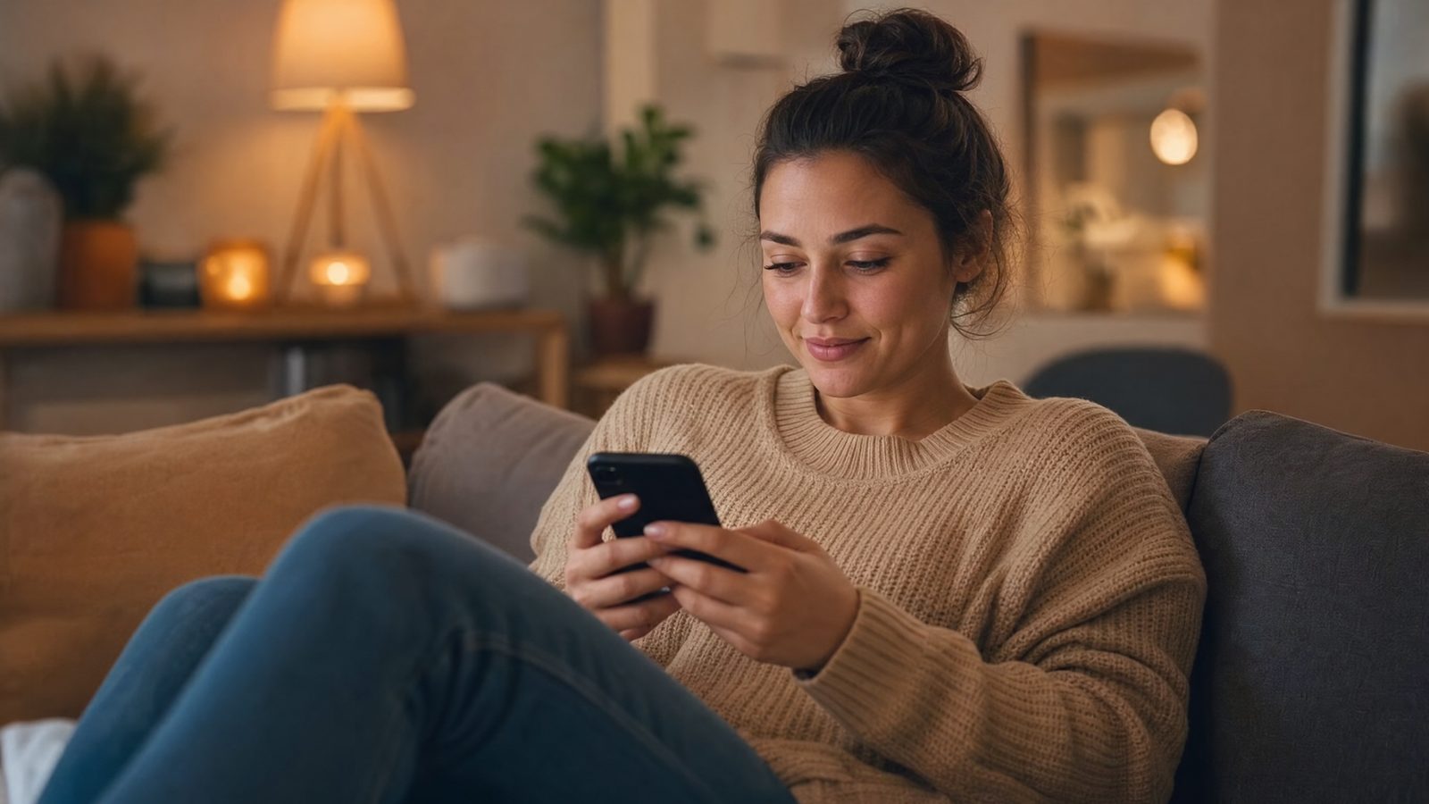 Pessoa relaxada no sofá a usar o smartphone, em luz quente