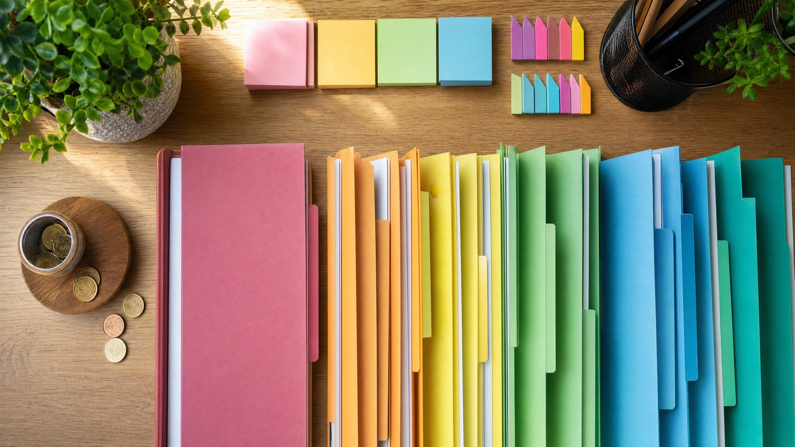Pastas coloridas organizadas por categoria vistas de cima, numa secretária