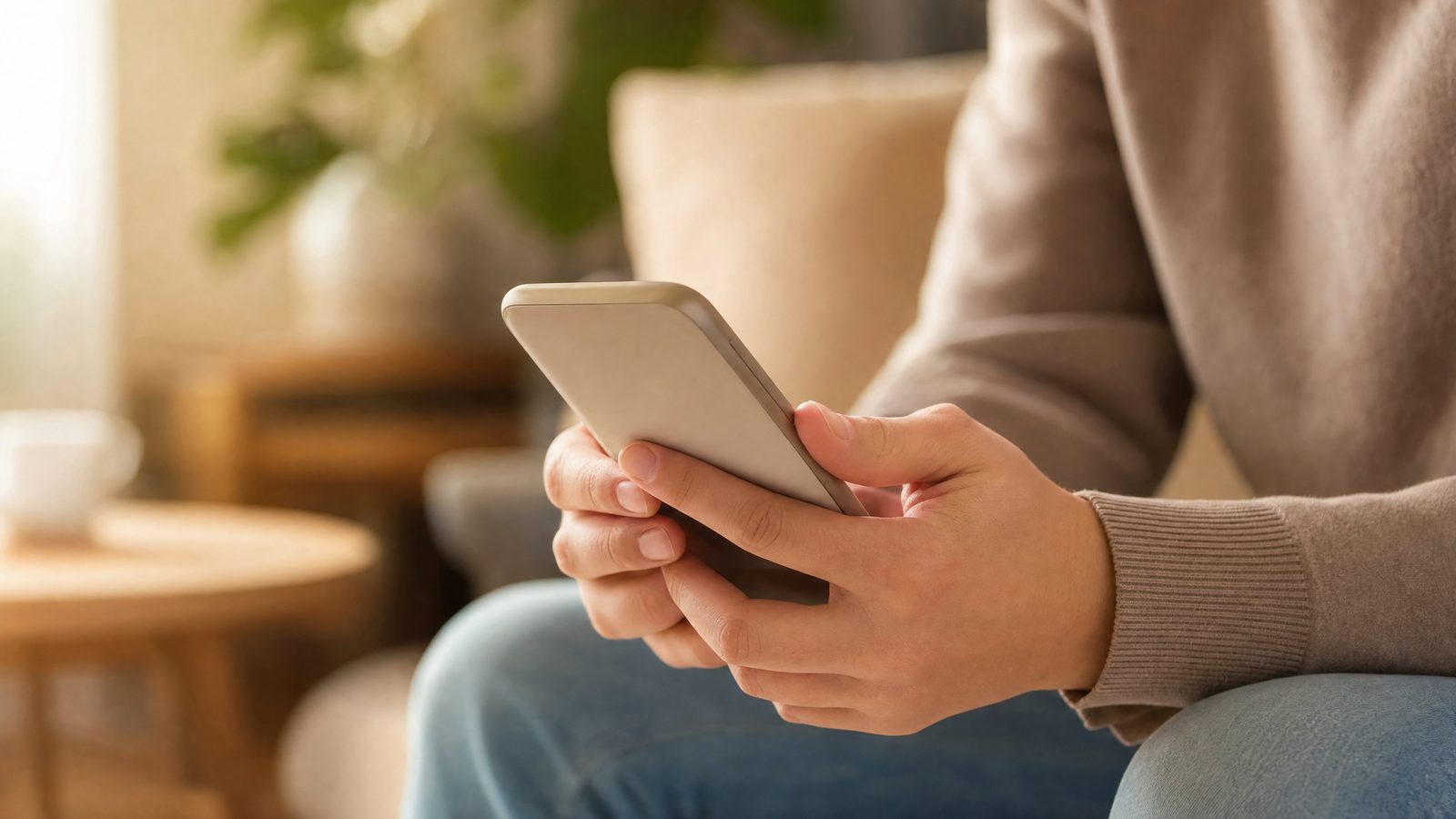 Mãos a segurar um smartphone de forma protetora, transmitindo privacidade e confiança