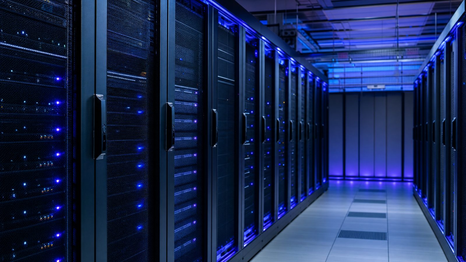 Corredor de um data center moderno com racks de servidores iluminados a azul e violeta