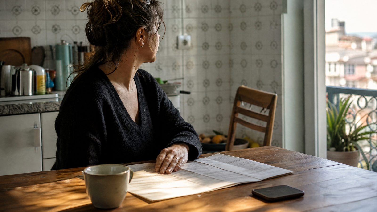 Mulher sentada à mesa da cozinha, numa manhã de sol, a rever um extrato do crédito à habitação.